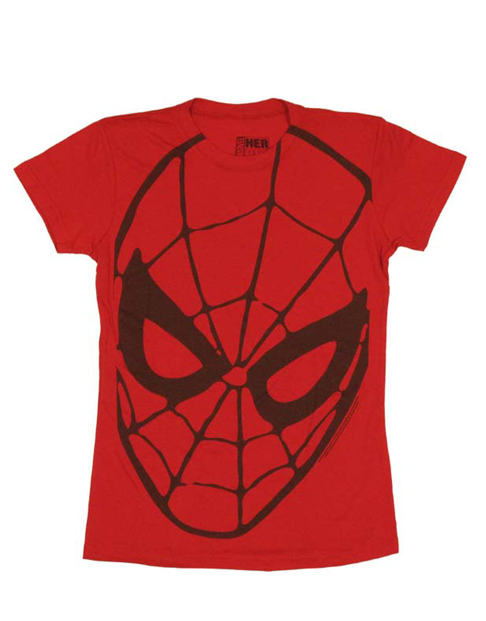 Spider-Man face graphic on a red women's t-shirt.