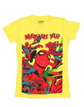 Spider-Man swing graphic on a yellow women's t-shirt.