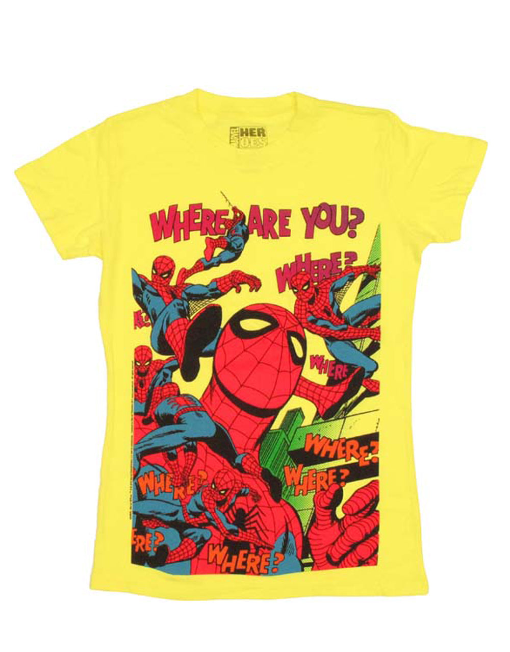 Spider-Man swing graphic on a yellow women's t-shirt.