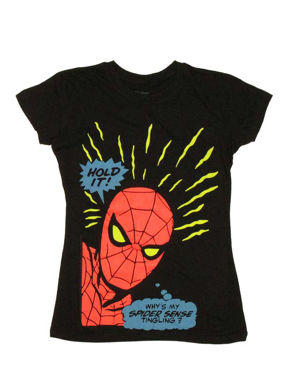 Spider-Man sense graphic on a black women's t-shirt.