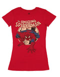 Spider-Man crawl graphic on a red women's t-shirt.
