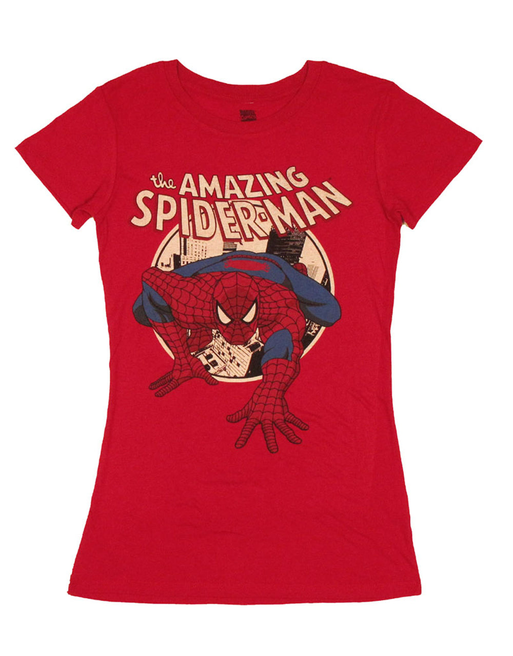 Spider-Man crawl graphic on a red women's t-shirt.