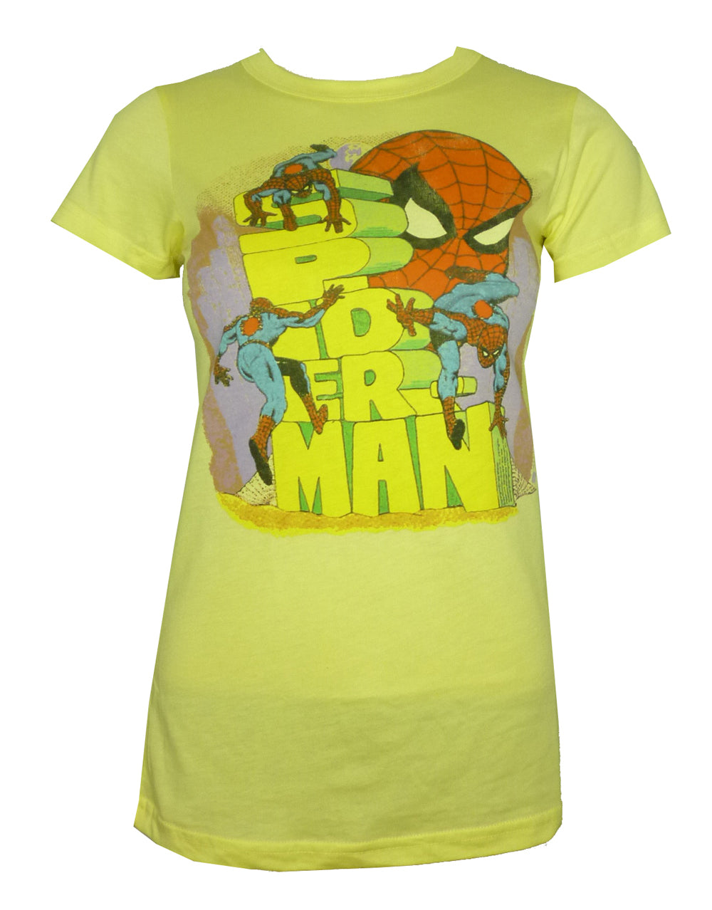 Spider-Man stacked name graphic on a yellow women's t-shirt.