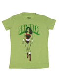 She-Hulk stance graphic on a light green women's t-shirt.