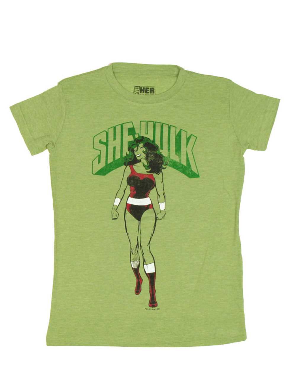 She-Hulk stance graphic on a light green women's t-shirt.