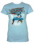 Captain America jumping graphic on a light blue women's t-shirt.