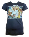 Star Wars group graphic on a navy blue women's t-shirt.