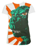 Godzilla face sun graphic on a white women's t-shirt.