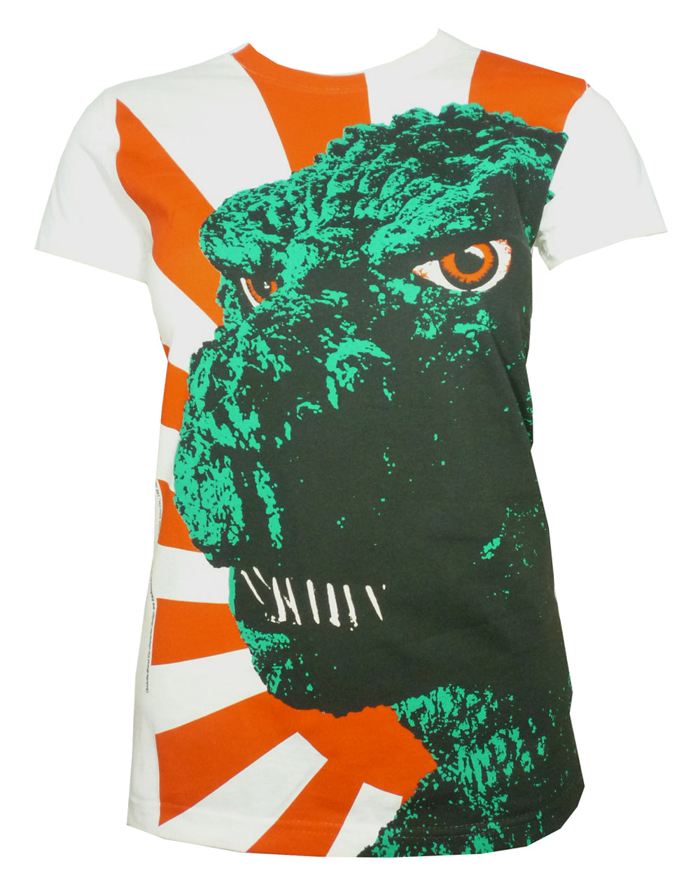 Godzilla face sun graphic on a white women's t-shirt.