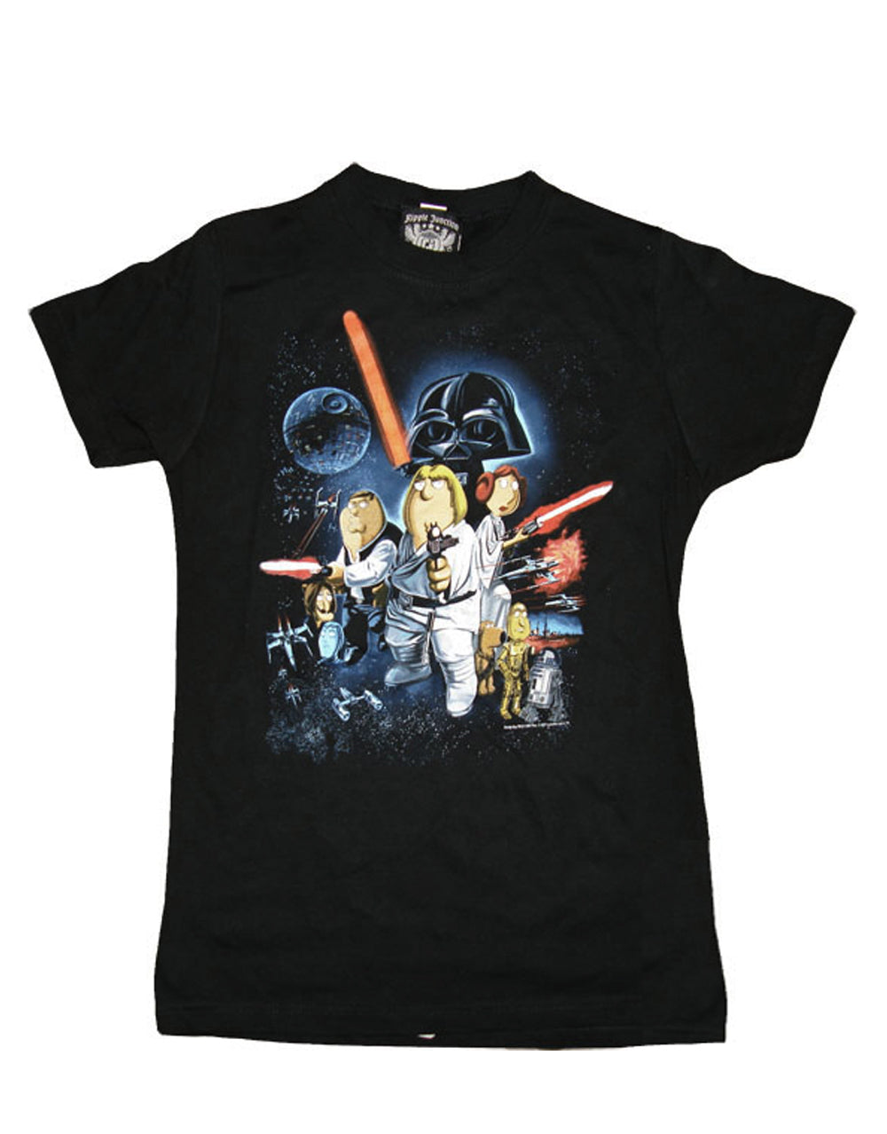 Family Guy Star Wars poster graphic on a black women's t-shirt.