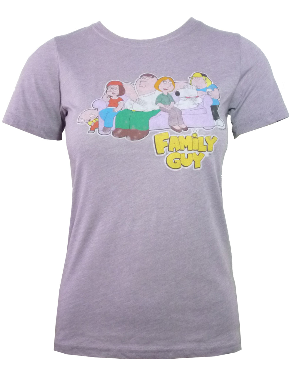Family Guy purple graphic on a purple women's t-shirt.