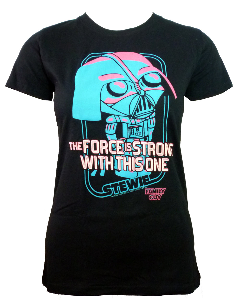 Family Guy Stewie Vader force is strong graphic on a black women's t-shirt.