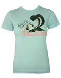 Looney Tunes Pepe Lepew I love Paris graphic on a sky blue women's t-shirt.