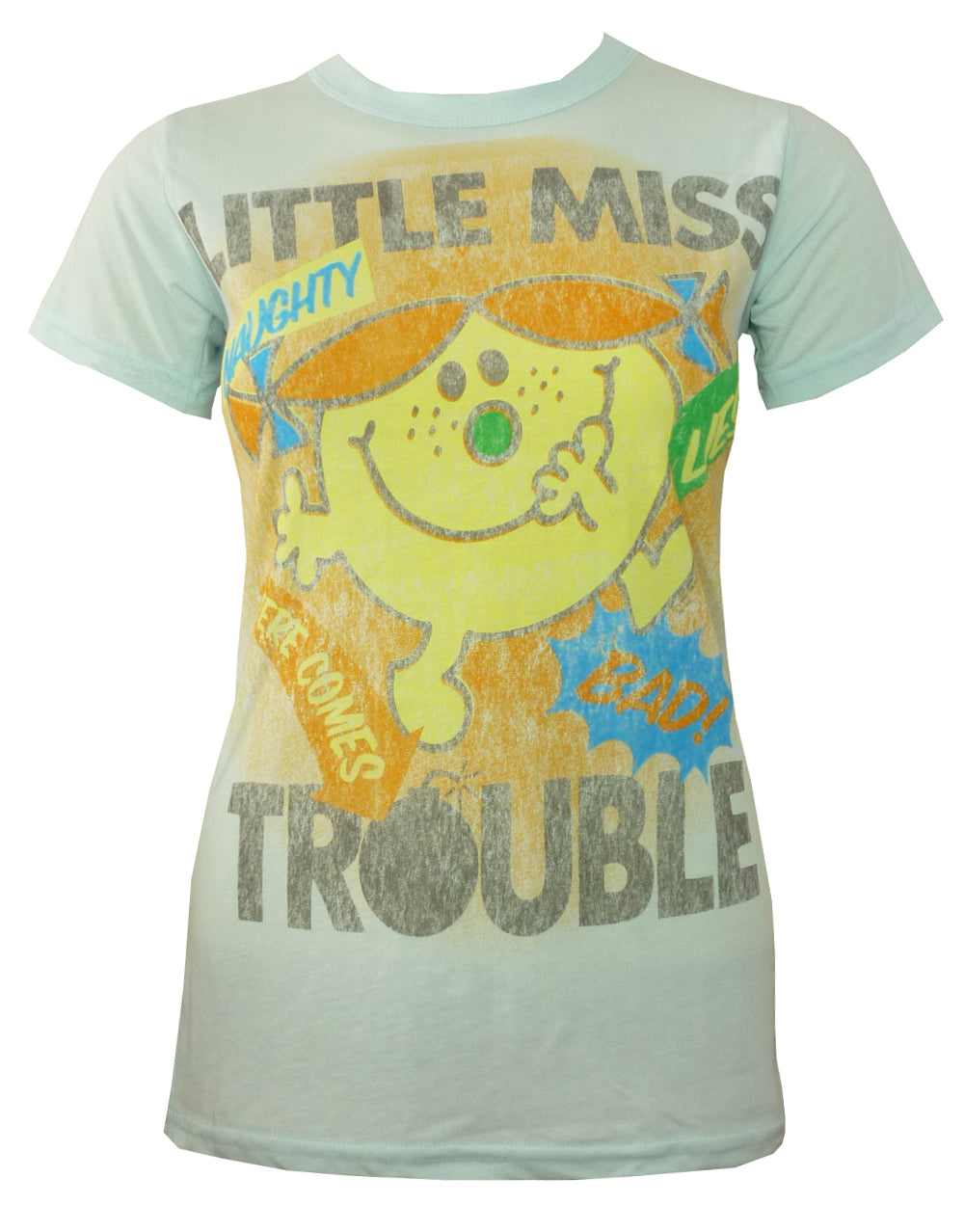 Little Miss Trouble pose graphic on a sky blue women's t-shirt.