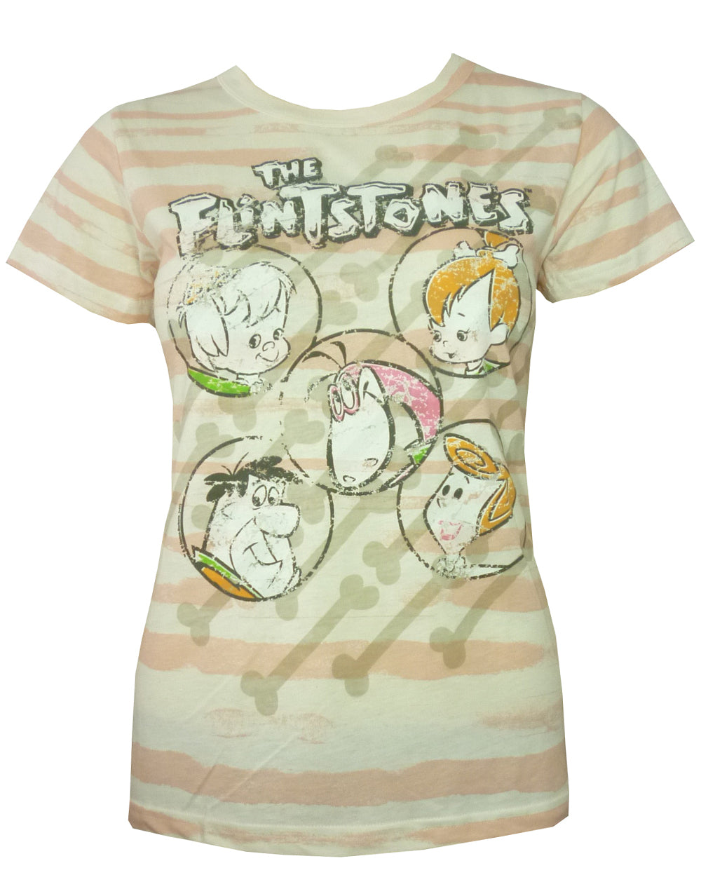 The Flintstones family striped graphic on a white women's t-shirt.