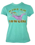 The Flintstones Pebbles cowgirl graphic on a turquoise women's t-shirt.