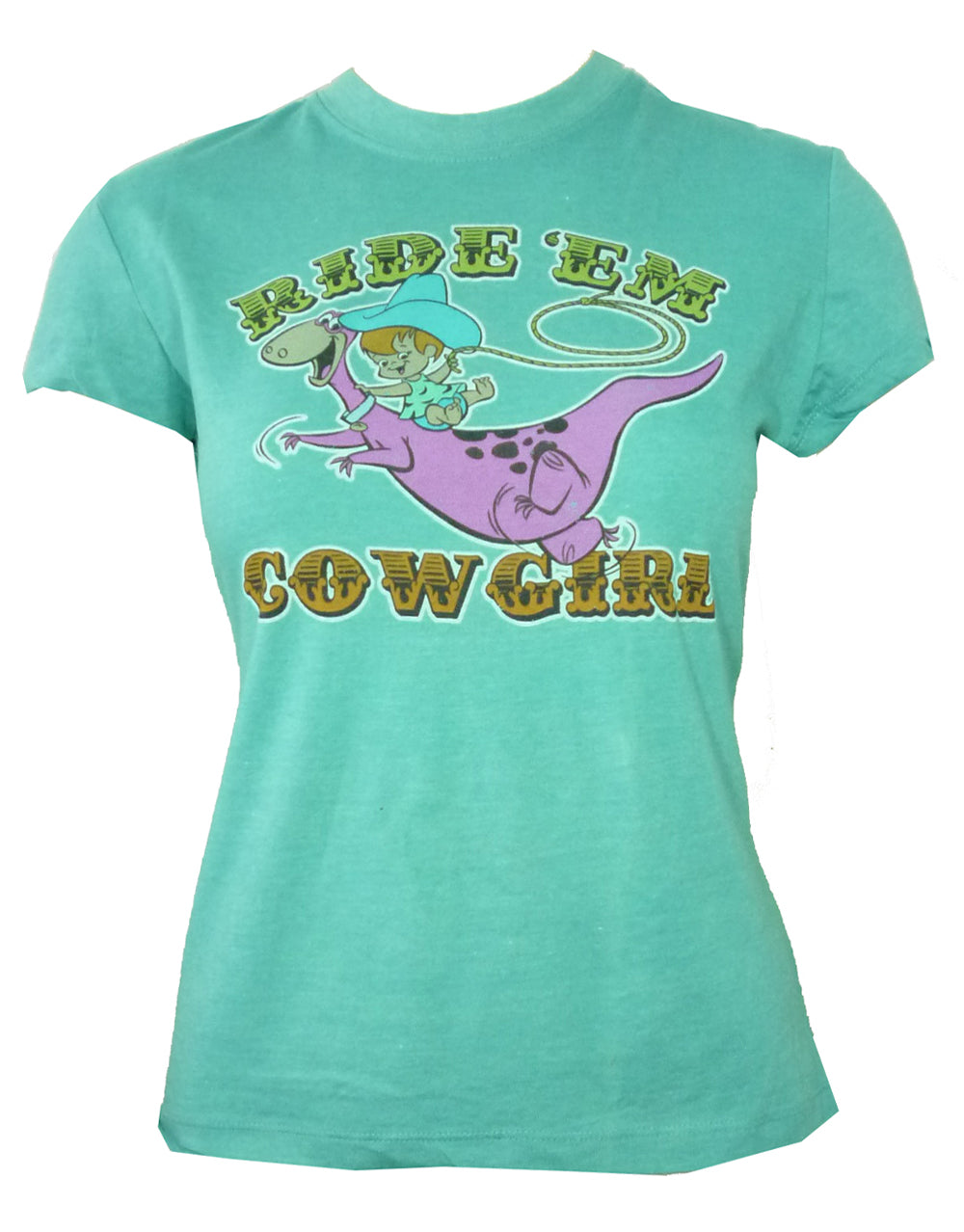 The Flintstones Pebbles cowgirl graphic on a turquoise women's t-shirt.