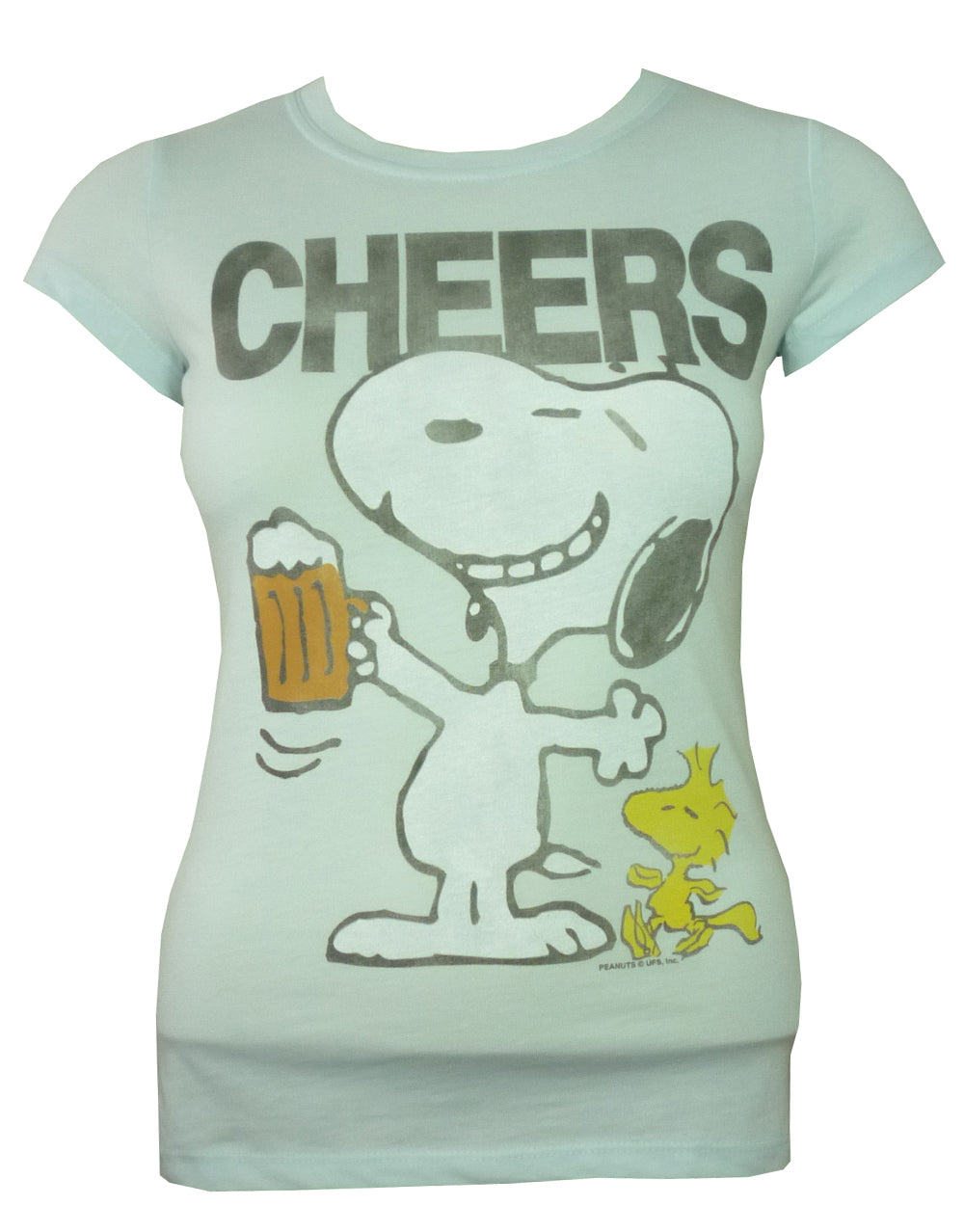 Peanuts Snoopy cheers graphic on a light blue women's t-shirt.
