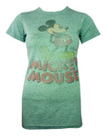 Mickey Mouse pose graphic on a green women's t-shirt.