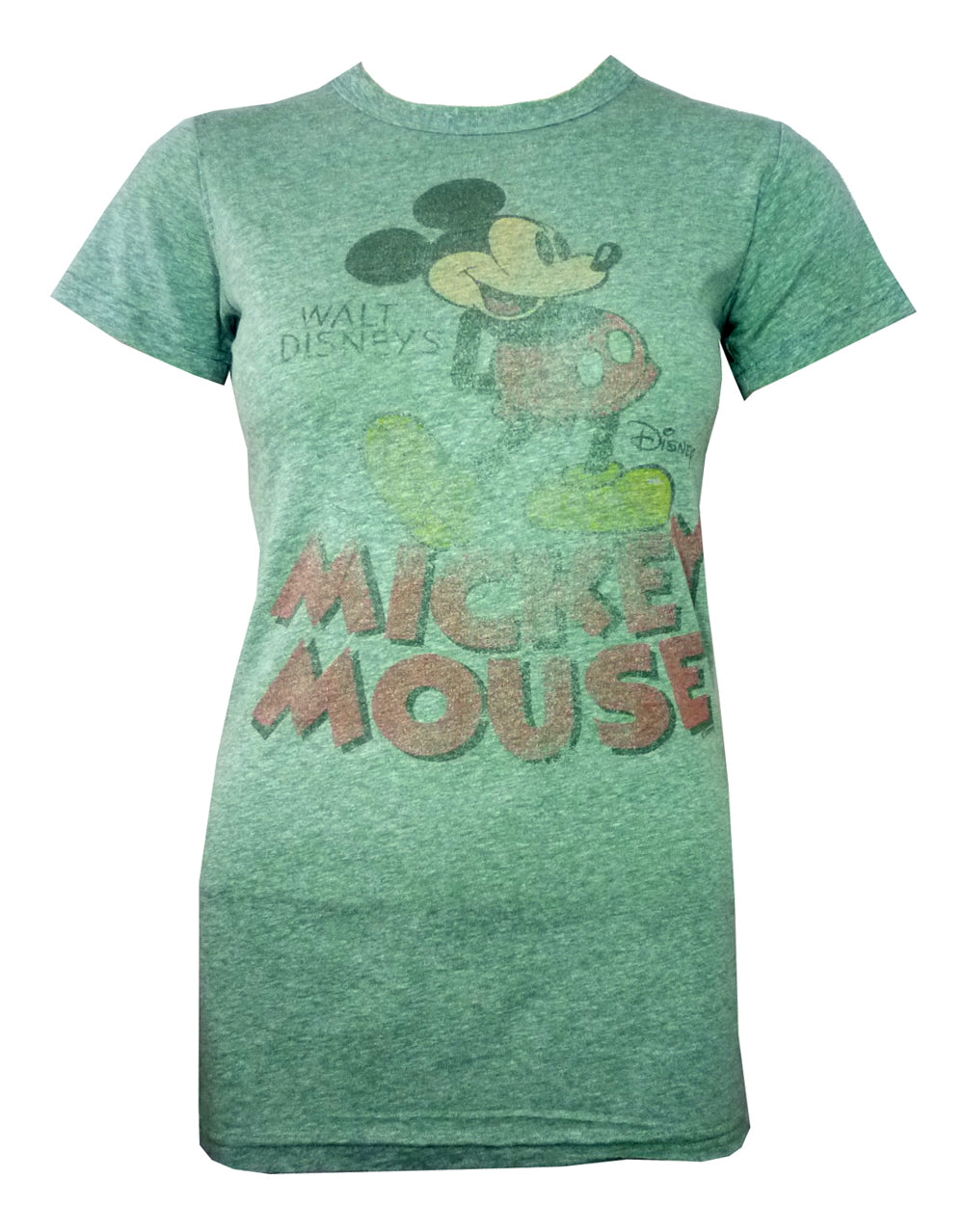 Mickey Mouse pose graphic on a green women's t-shirt.