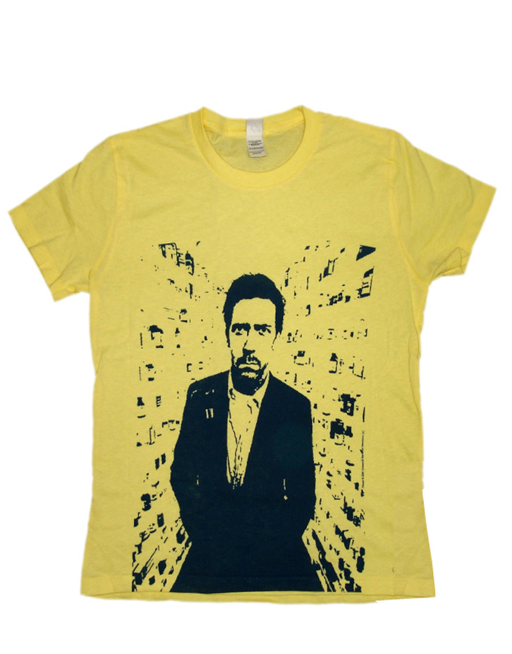 House looking graphic on a yellow women's t-shirt.