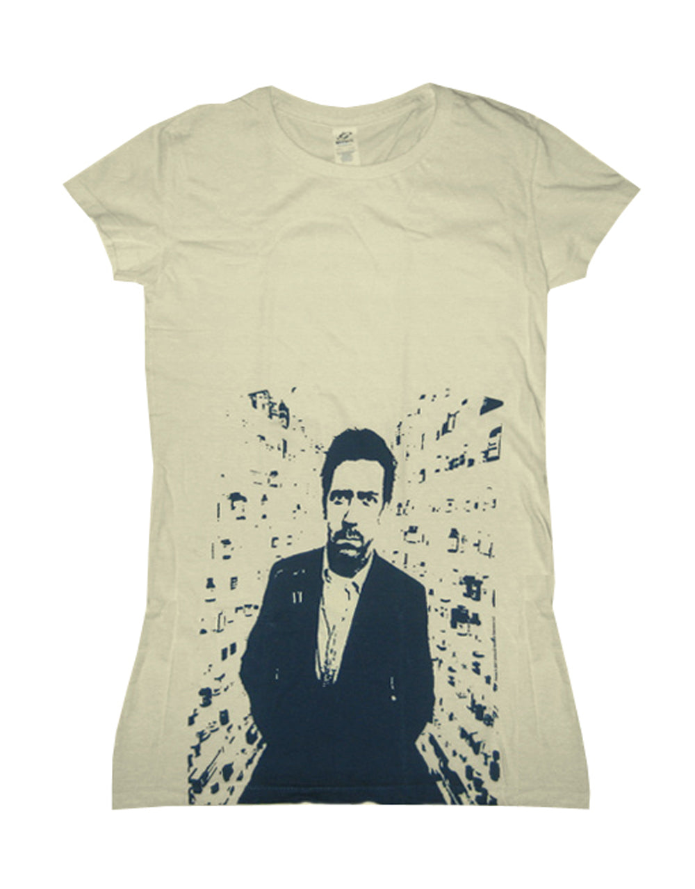 House portrait graphic on a cream women's t-shirt.