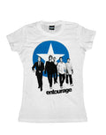Entourage walk graphic on a white women's t-shirt.