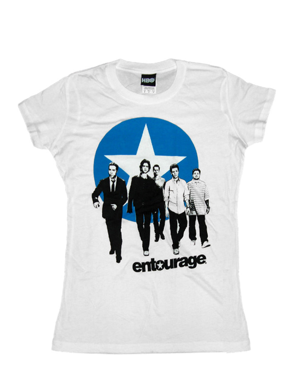 Entourage walk graphic on a white women's t-shirt.