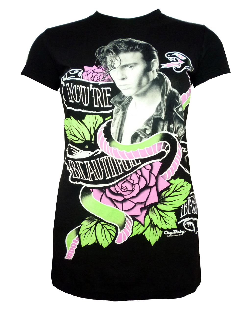 Cry Baby beautiful graphic on a black women's t-shirt.