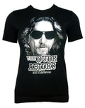 The Big Lebowski the Dude abides graphic on a black women's t-shirt.