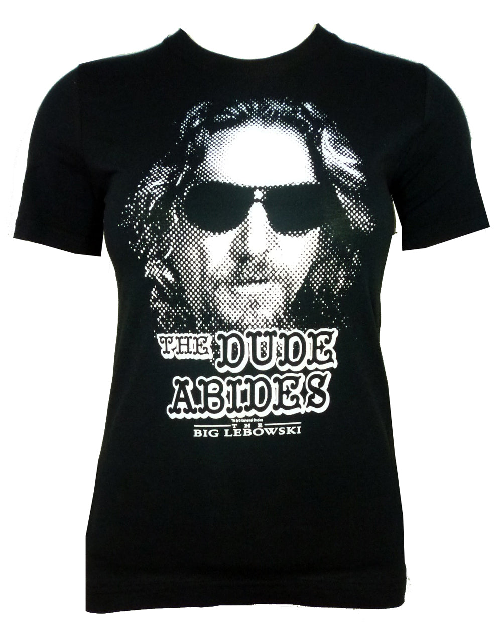 The Big Lebowski the Dude abides graphic on a black women's t-shirt.