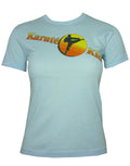 The Karate Kid kick graphic on a sky blue women's t-shirt.