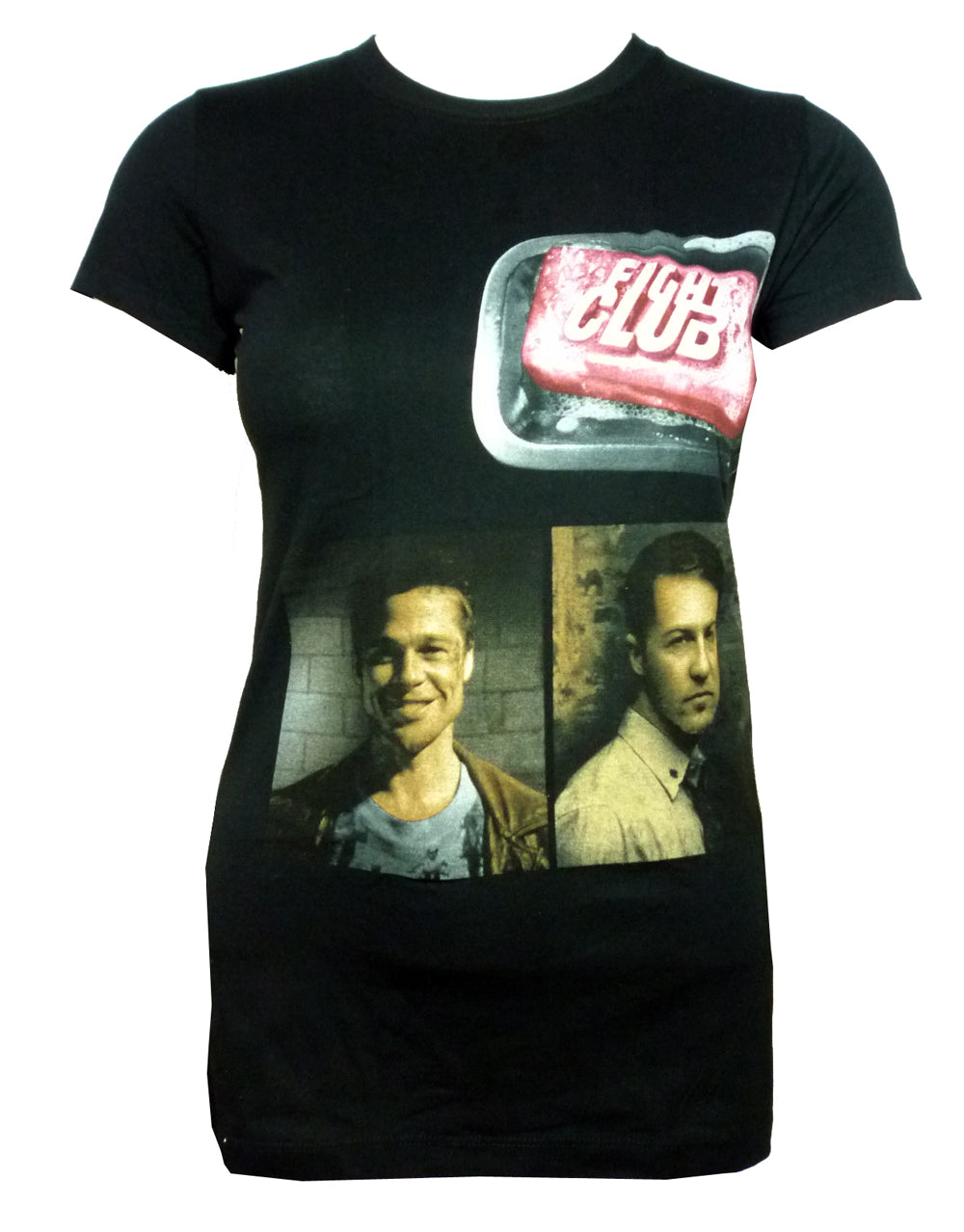 Fight Club photo graphic on a black women's t-shirt.