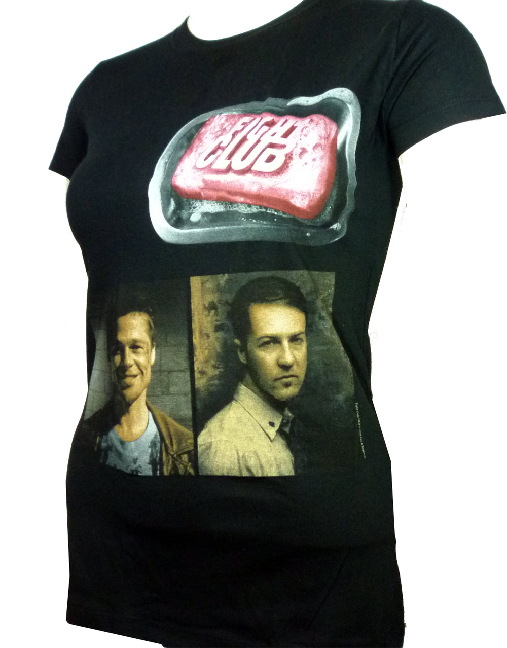 Fight Club photo graphic on a black women's t-shirt.