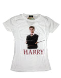 Harry Potter arms crossed graphic on a white women's t-shirt.