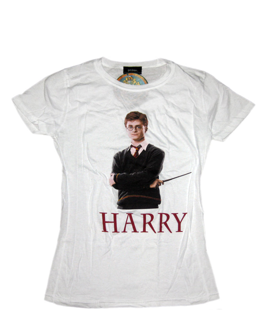 Harry Potter arms crossed graphic on a white women's t-shirt.