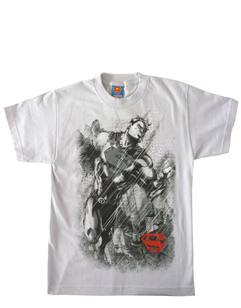Superman rain graphic on a light grey kids t-shirt.