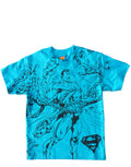 Superman breaking chains graphic on a blue kids t-shirt.