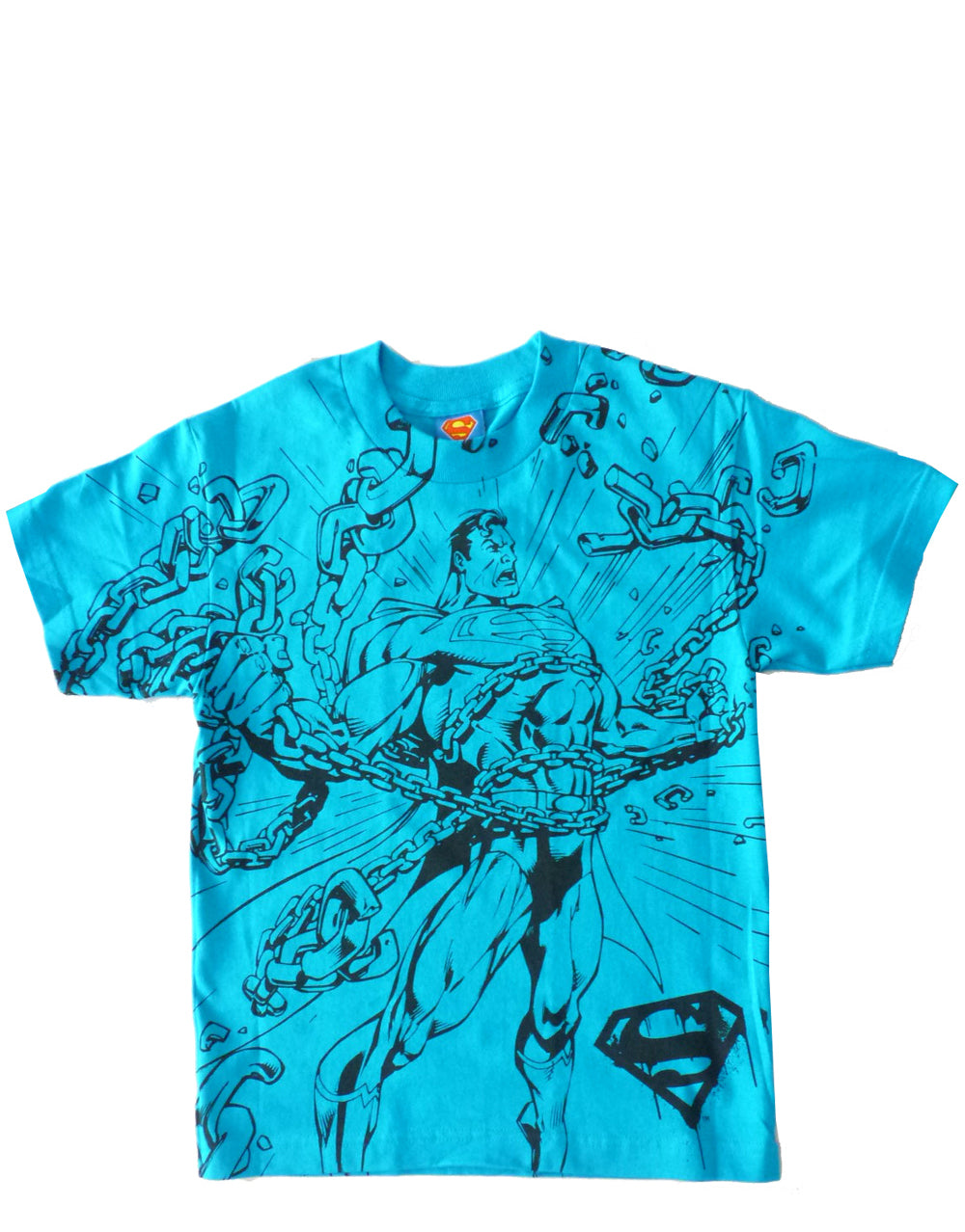 Superman breaking chains graphic on a blue kids t-shirt.