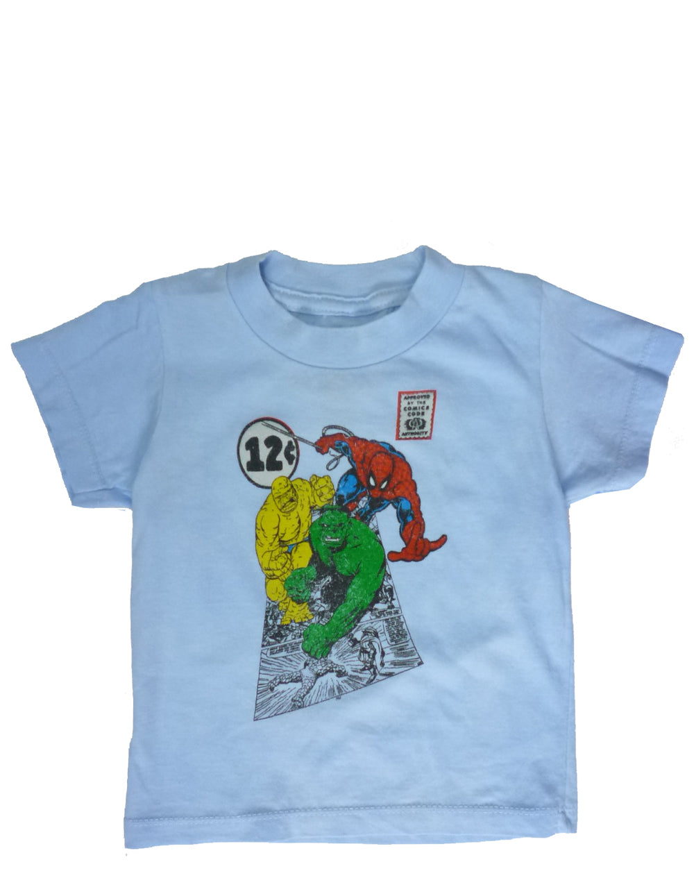 Marvel Comics 12 cents graphic on a light blue kids t-shirt.