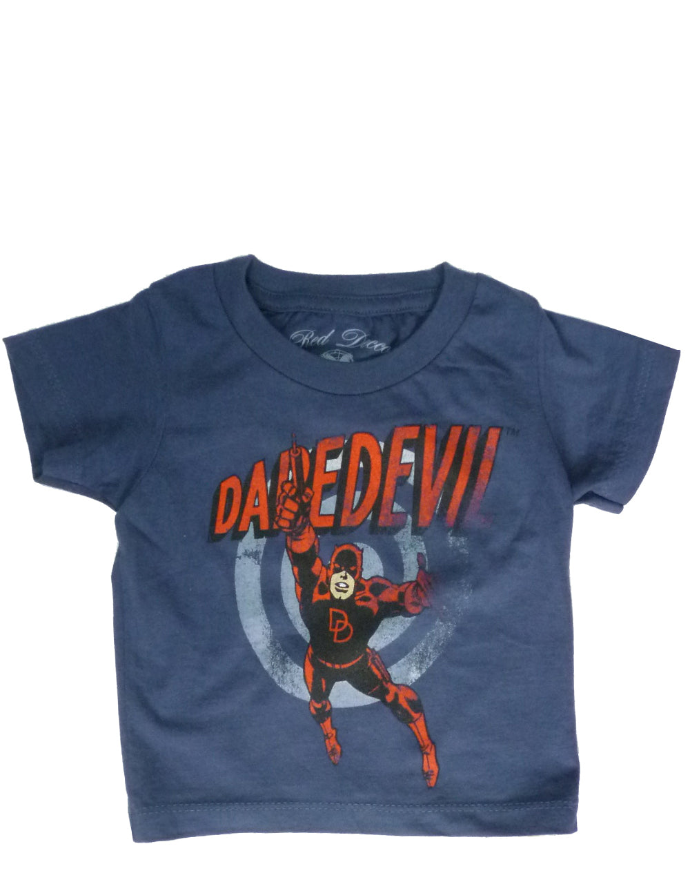 Daredevil target graphic on a navy blue kids t-shirt.