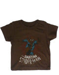 Spider-Man amazing leap graphic on a dark brown kids t-shirt.