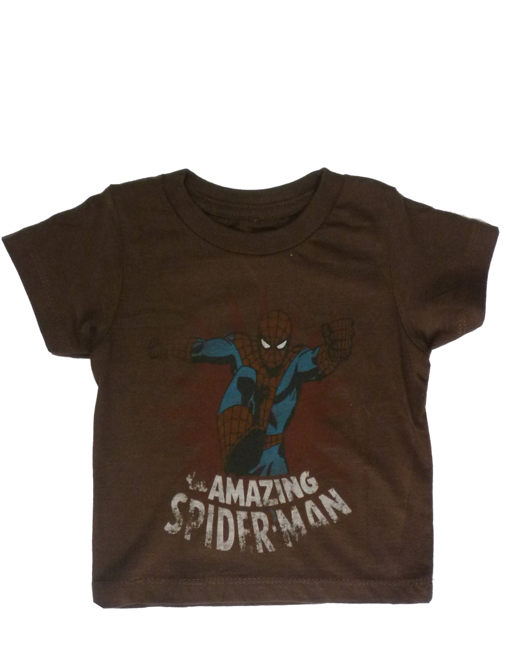 Spider-Man amazing leap graphic on a dark brown kids t-shirt.