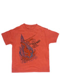 Spider-Man back graphic on a red kids t-shirt.