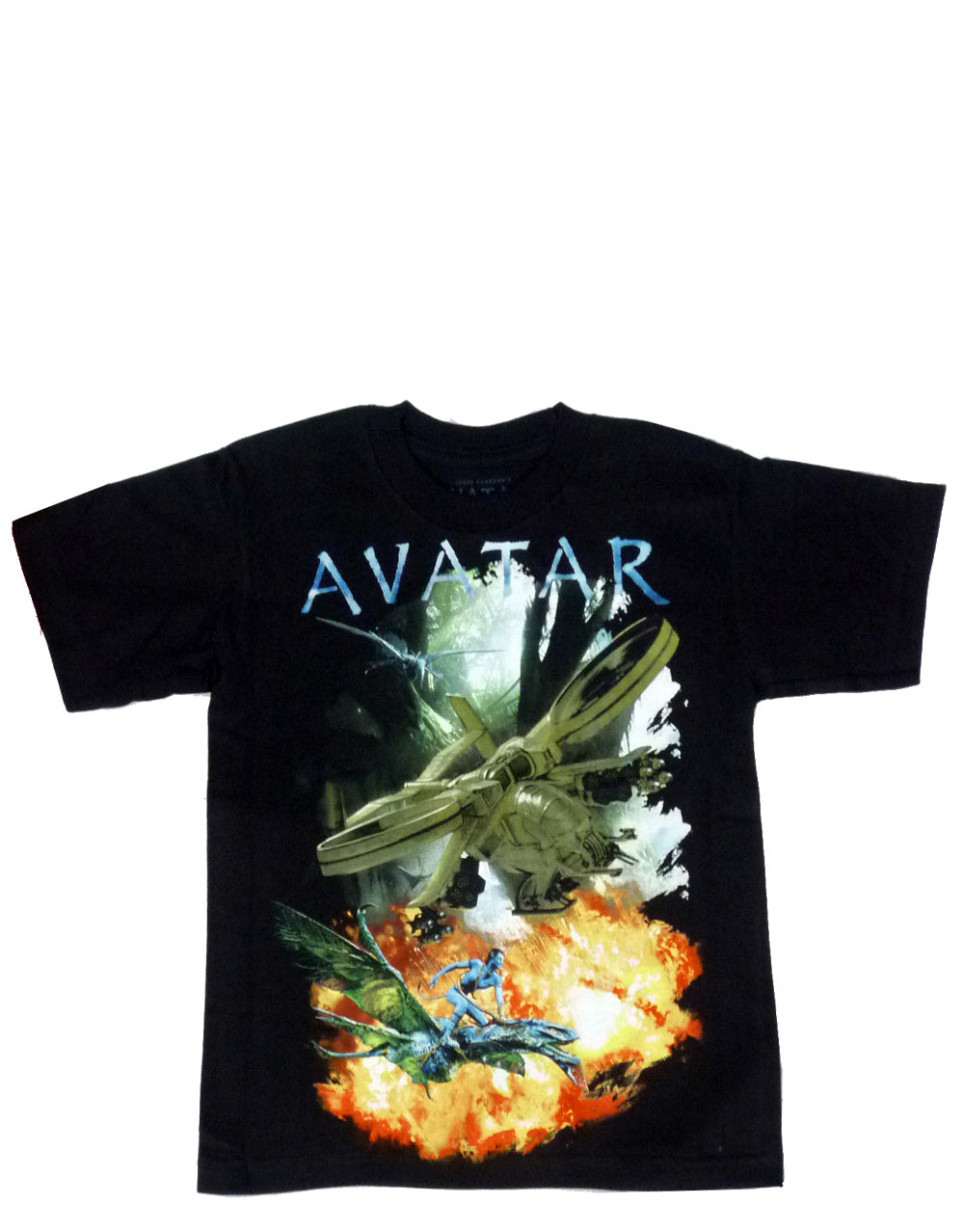 Avatar ship graphic on a black kids t-shirt.